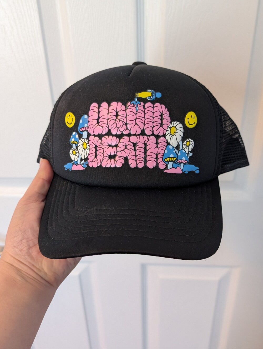 Liquid Death: Black Trucker Hat with Pink Bubble Graphic